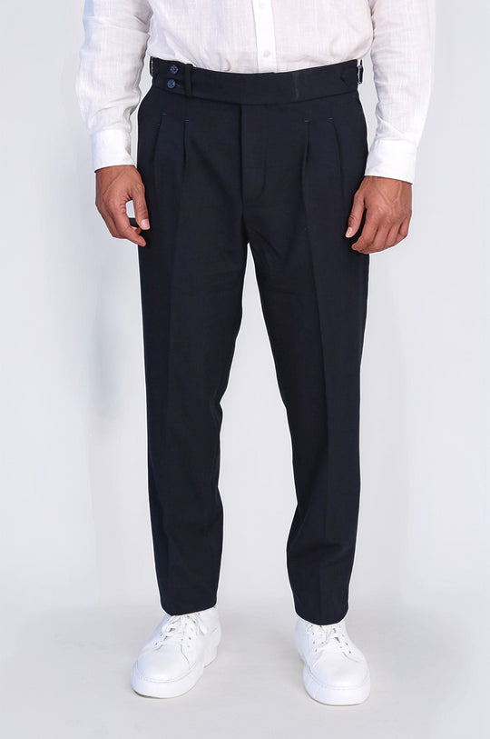 Navy Blue High-Waisted Double-Pleated Slim Fit Trousers with Side Buckles – Wessi