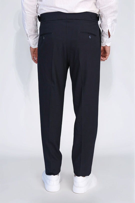 Navy Blue High-Waisted Double-Pleated Slim Fit Trousers with Side Buckles – Wessi