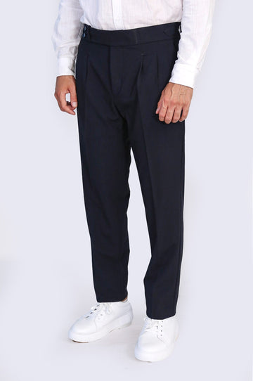 Navy Blue High-Waisted Double-Pleated Slim Fit Trousers with Side Buckles – Wessi