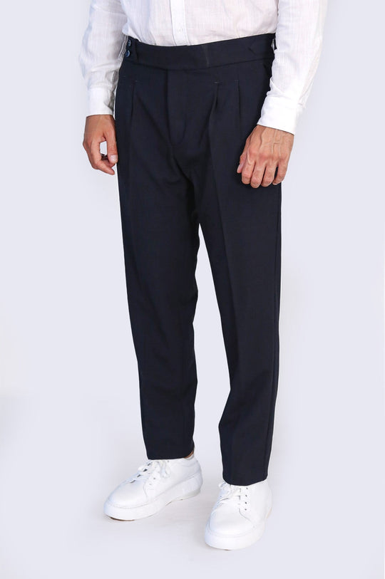 Navy Blue High-Waisted Double-Pleated Slim Fit Trousers with Side Buckles – Wessi