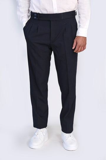 Navy Blue High-Waisted Double-Pleated Slim Fit Trousers with Side Buckles – Wessi