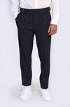 Navy Blue High-Waisted Double-Pleated Slim Fit Trousers with Side Buckles – Wessi