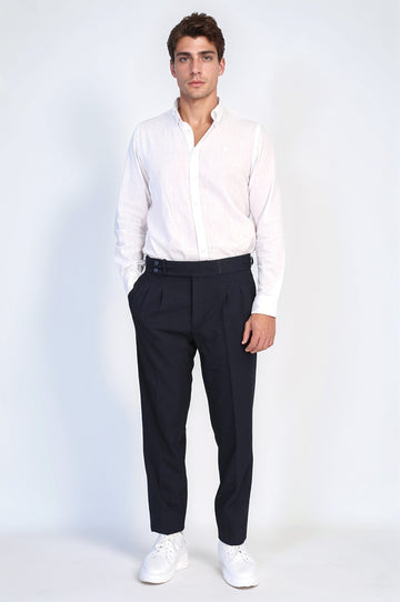 Navy Blue High-Waisted Double-Pleated Slim Fit Trousers with Side Buckles – Wessi
