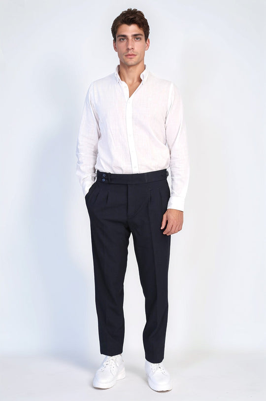 Navy Blue High-Waisted Double-Pleated Slim Fit Trousers with Side Buckles – Wessi