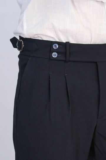 Navy Blue High-Waisted Double-Pleated Slim Fit Trousers with Side Buckles – Wessi