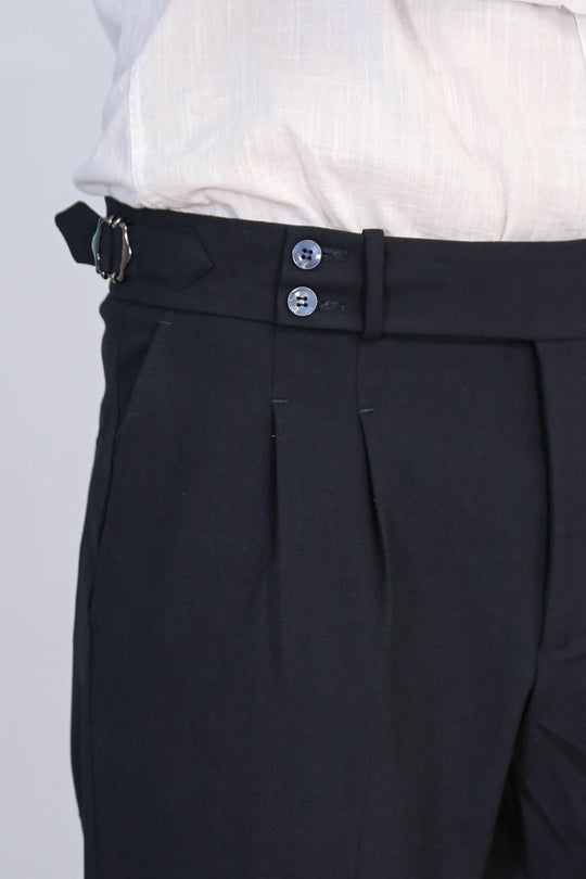 Navy Blue High-Waisted Double-Pleated Slim Fit Trousers with Side Buckles – Wessi