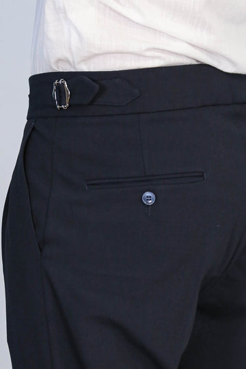 Navy Blue High-Waisted Double-Pleated Slim Fit Trousers with Side Buckles – Wessi