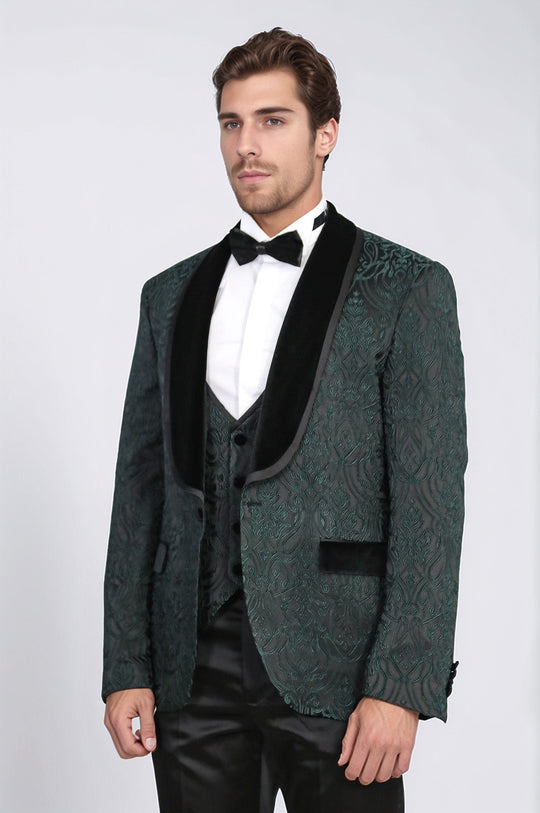 Men's Green Baroque Pattern 3-Piece Tuxedo with Velvet Collar