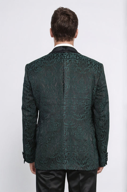 Men's Green Baroque Pattern 3-Piece Tuxedo with Velvet Collar