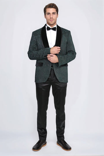 Men's Green Baroque Pattern 3-Piece Tuxedo with Velvet Collar