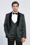 Men's Green Baroque Pattern 3-Piece Tuxedo with Velvet Collar