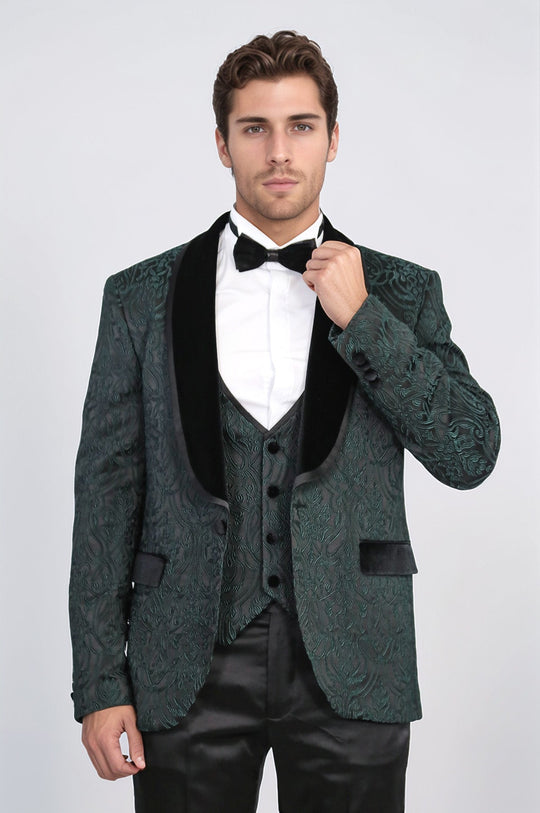 Men's Green Baroque Pattern 3-Piece Tuxedo with Velvet Collar