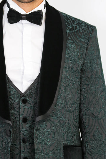 Men's Green Baroque Pattern 3-Piece Tuxedo with Velvet Collar