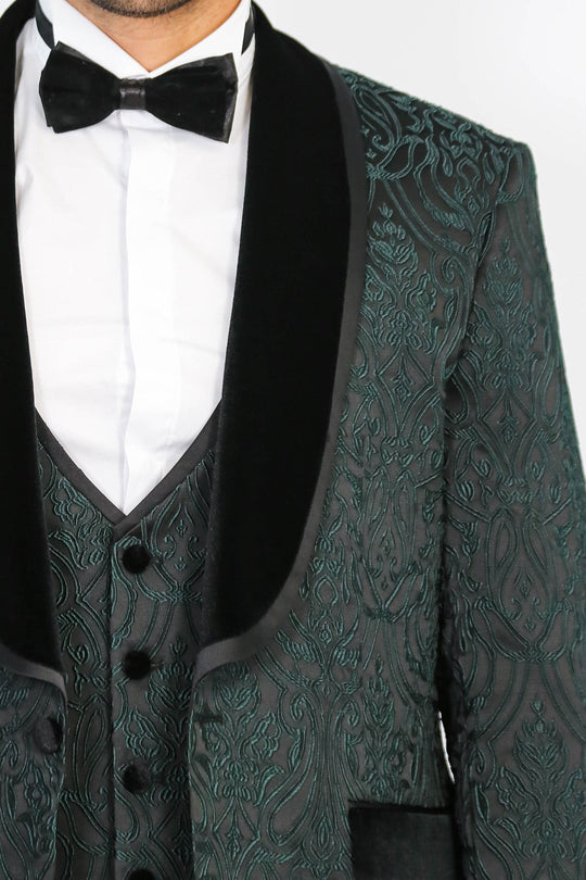 Men's Green Baroque Pattern 3-Piece Tuxedo with Velvet Collar
