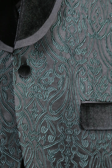 Men's Green Baroque Pattern 3-Piece Tuxedo with Velvet Collar