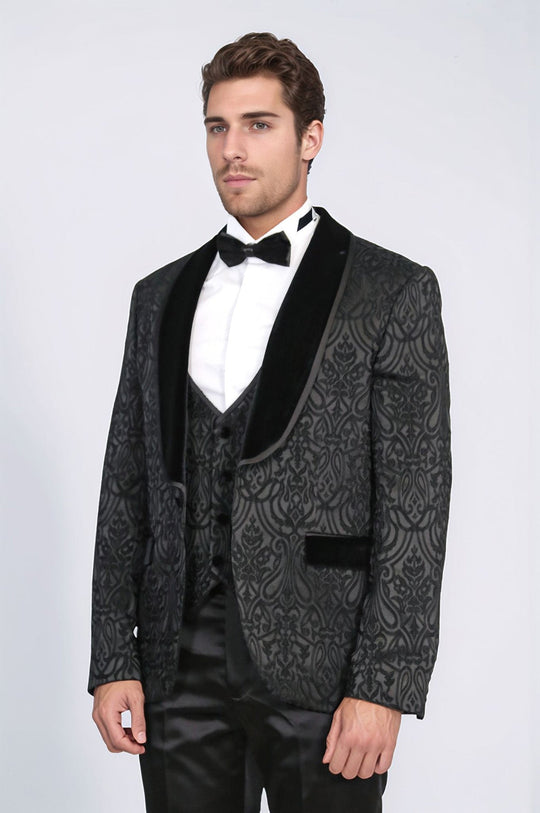 Men's Black Baroque Pattern 3-Piece Tuxedo with Velvet Collar