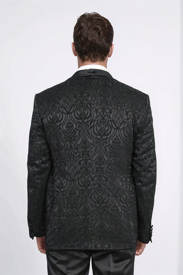 Men's Black Baroque Pattern 3-Piece Tuxedo with Velvet Collar