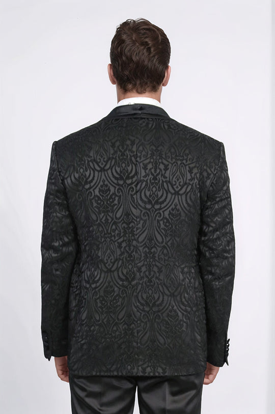 Men's Black Baroque Pattern 3-Piece Tuxedo with Velvet Collar