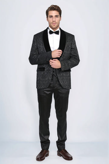 Men's Black Baroque Pattern 3-Piece Tuxedo with Velvet Collar
