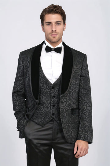 Men's Black Baroque Pattern 3-Piece Tuxedo with Velvet Collar
