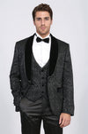Men's Black Baroque Pattern 3-Piece Tuxedo with Velvet Collar