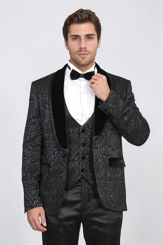 Men's Black Baroque Pattern 3-Piece Tuxedo with Velvet Collar