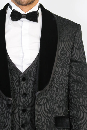 Men's Black Baroque Pattern 3-Piece Tuxedo with Velvet Collar