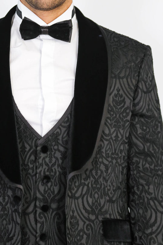 Men's Black Baroque Pattern 3-Piece Tuxedo with Velvet Collar