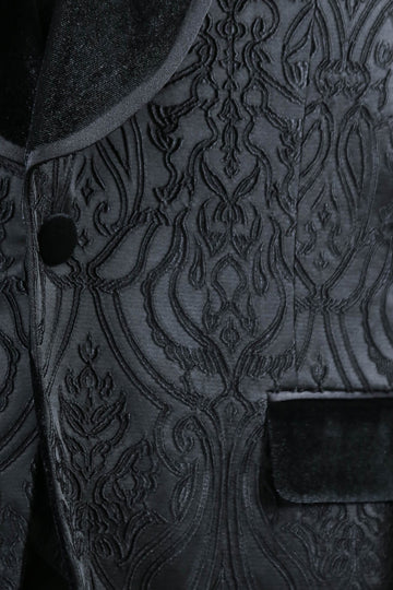 Men's Black Baroque Pattern 3-Piece Tuxedo with Velvet Collar