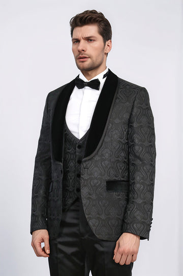 Men's Black Glittery Baroque Pattern 3-Piece Tuxedo