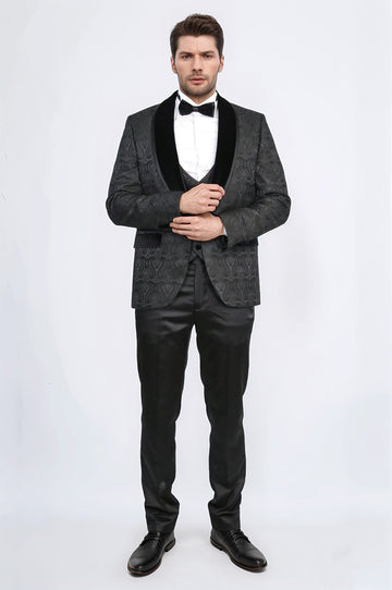 Men's Black Glittery Baroque Pattern 3-Piece Tuxedo