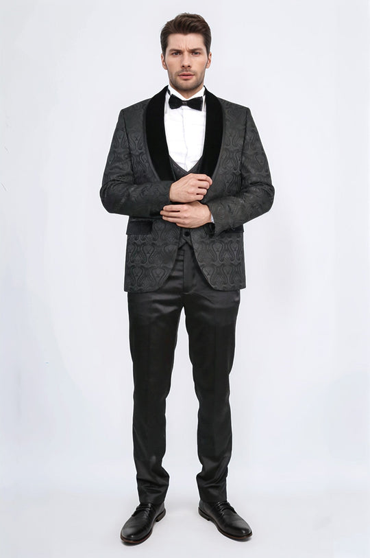 Men's Black Glittery Baroque Pattern 3-Piece Tuxedo