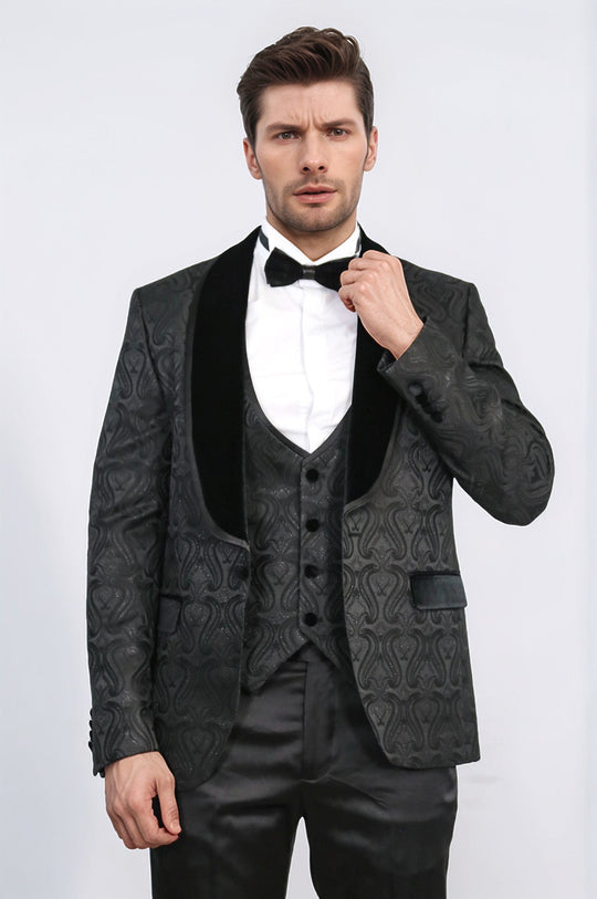 Men's Black Glittery Baroque Pattern 3-Piece Tuxedo
