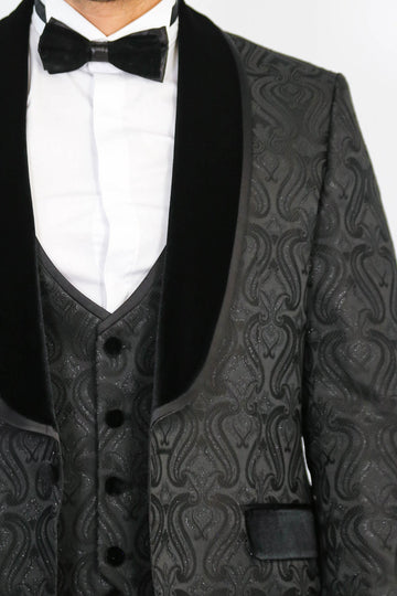Men's Black Glittery Baroque Pattern 3-Piece Tuxedo
