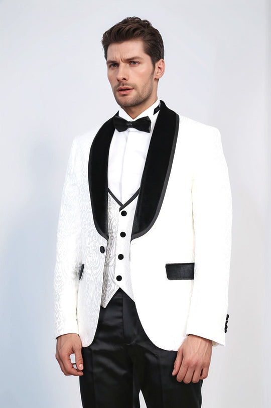 Men's White Baroque Pattern 3-Piece Tuxedo with Black Velvet Collar