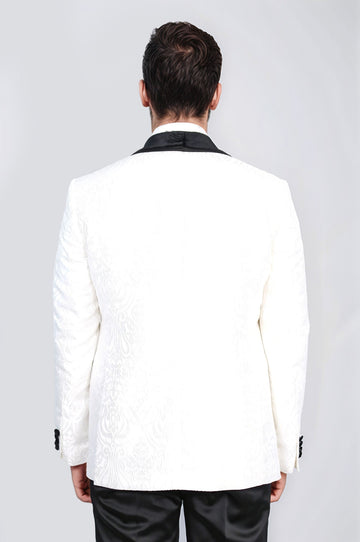 Men's White Baroque Pattern 3-Piece Tuxedo with Black Velvet Collar