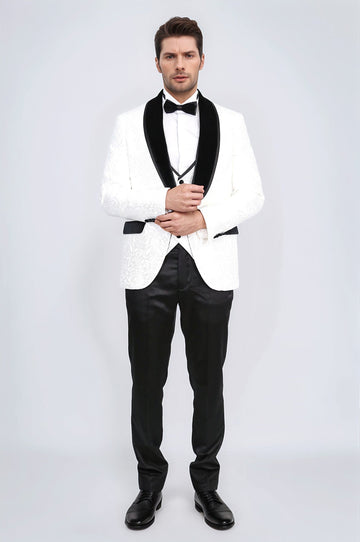 Men's White Baroque Pattern 3-Piece Tuxedo with Black Velvet Collar