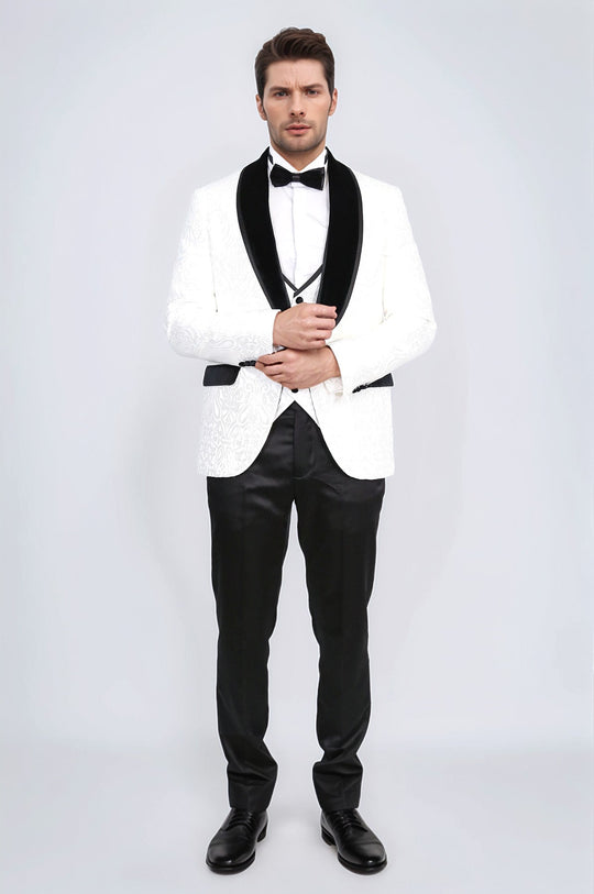 Men's White Baroque Pattern 3-Piece Tuxedo with Black Velvet Collar