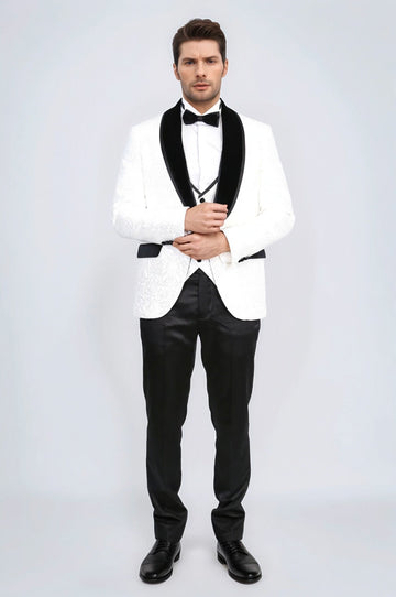 Men's White Baroque Pattern 3-Piece Tuxedo with Black Velvet Collar