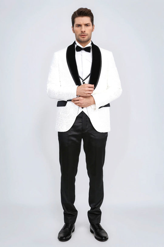 Men's White Baroque Pattern 3-Piece Tuxedo with Black Velvet Collar