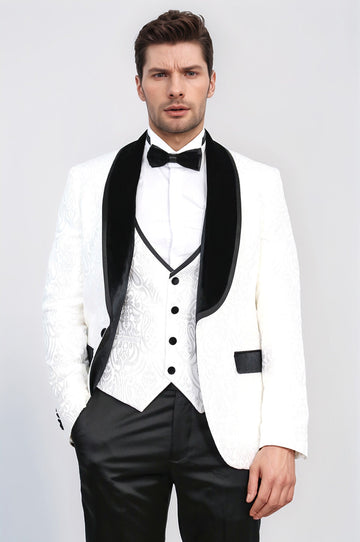 Men's White Baroque Pattern 3-Piece Tuxedo with Black Velvet Collar