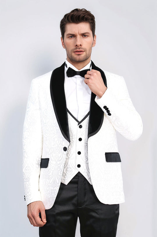 Men's White Baroque Pattern 3-Piece Tuxedo with Black Velvet Collar