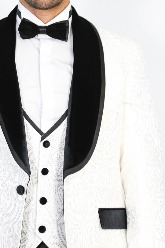 Men's White Baroque Pattern 3-Piece Tuxedo with Black Velvet Collar