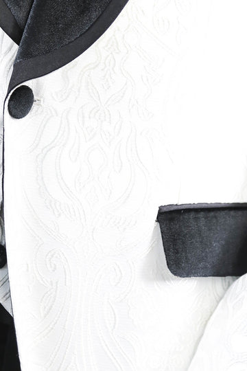 Men's White Baroque Pattern 3-Piece Tuxedo with Black Velvet Collar