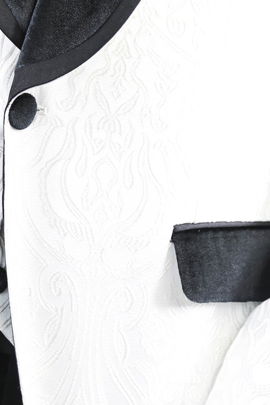 Men's White Baroque Pattern 3-Piece Tuxedo with Black Velvet Collar