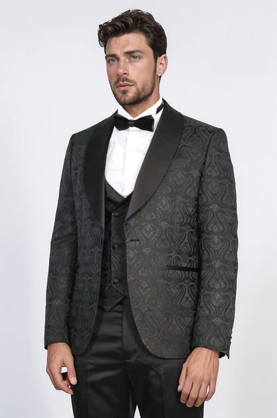 Men's Black Wavy Pattern 3-Piece Tuxedo