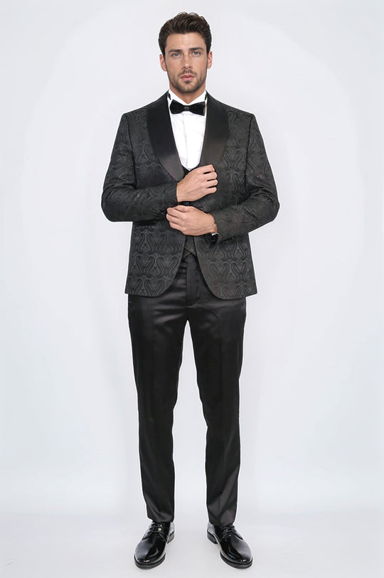 Men's Black Wavy Pattern 3-Piece Tuxedo