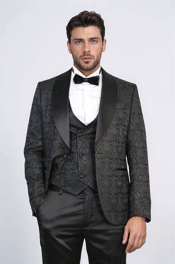 Men's Black Wavy Pattern 3-Piece Tuxedo