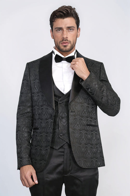 Men's Black Wavy Pattern 3-Piece Tuxedo