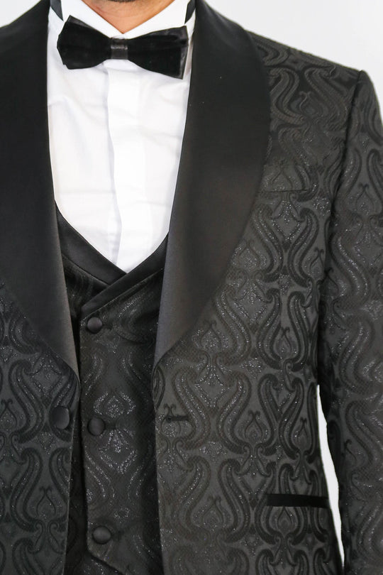 Men's Black Wavy Pattern 3-Piece Tuxedo